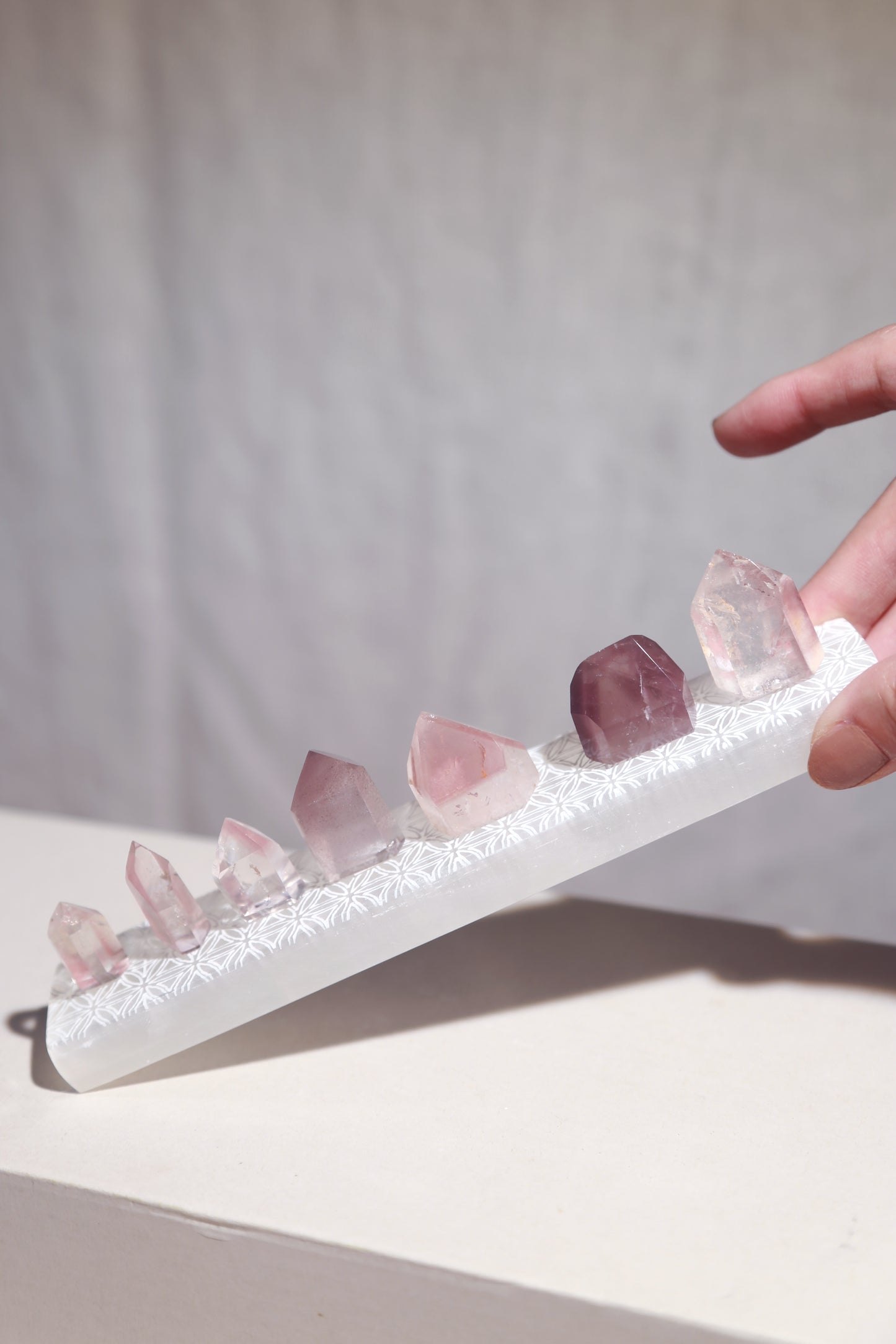Pink Lithium Quartz Points Set of 7 w/ Selenite Plate