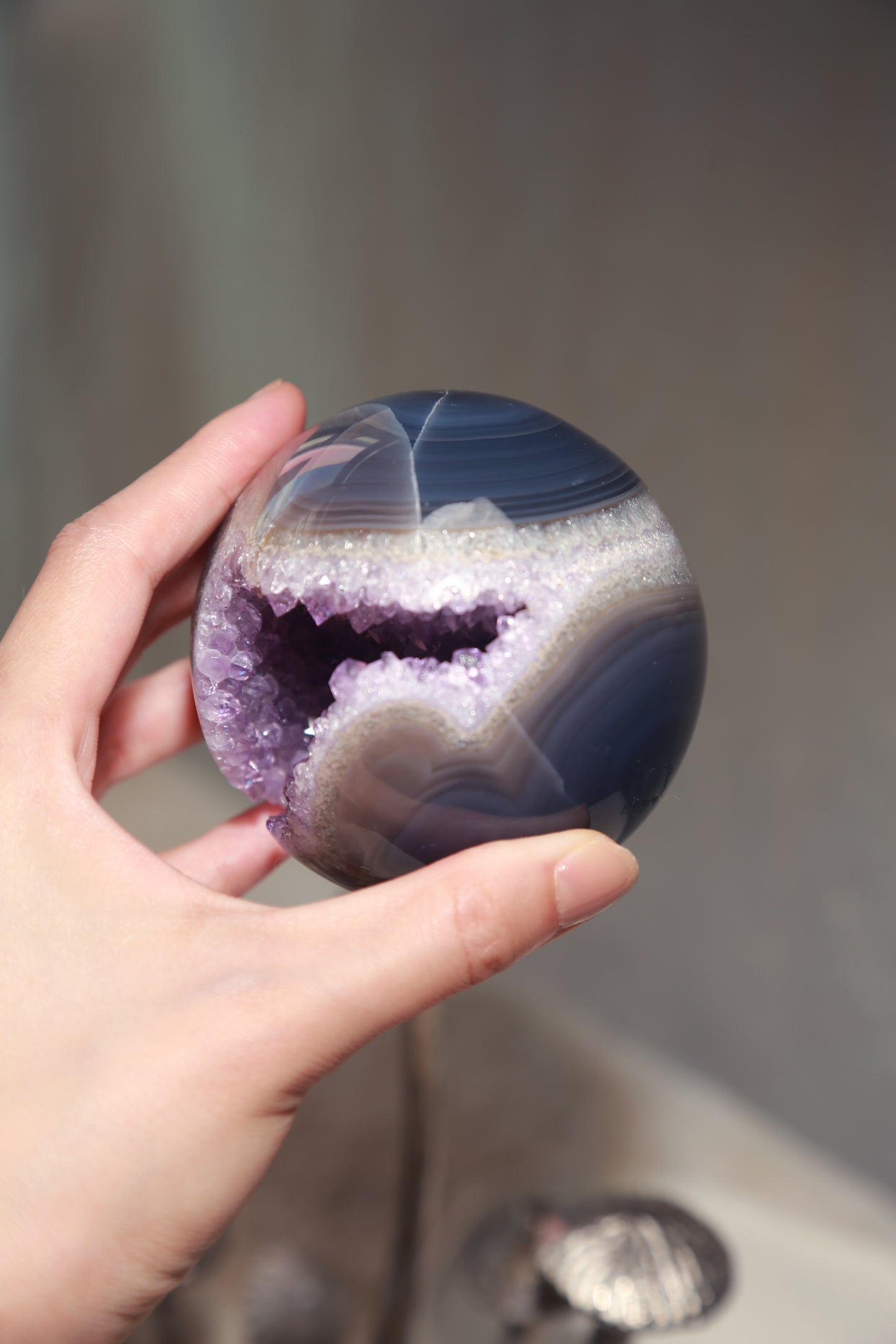 Druzy Amethyst in Blue Agate Geode Sphere