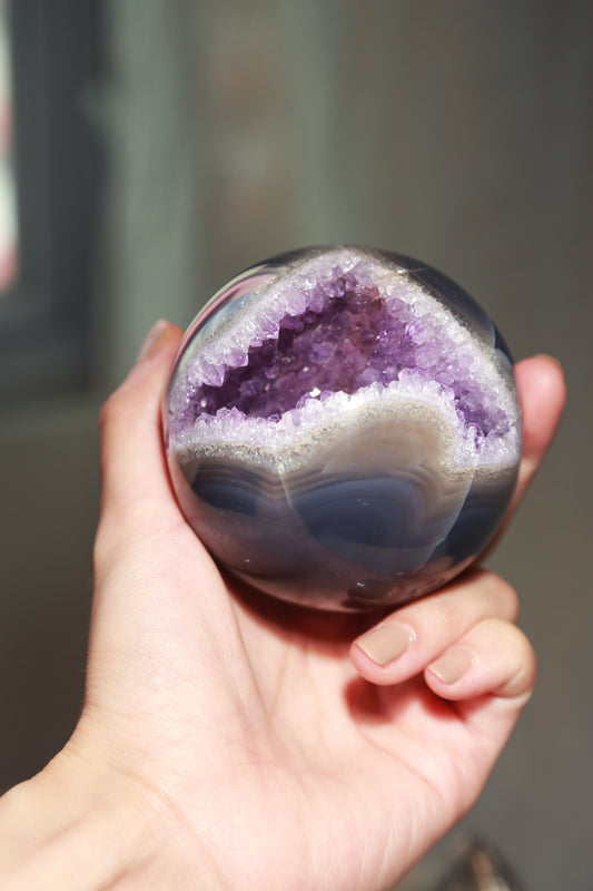 Druzy Amethyst in Blue Agate Geode Sphere