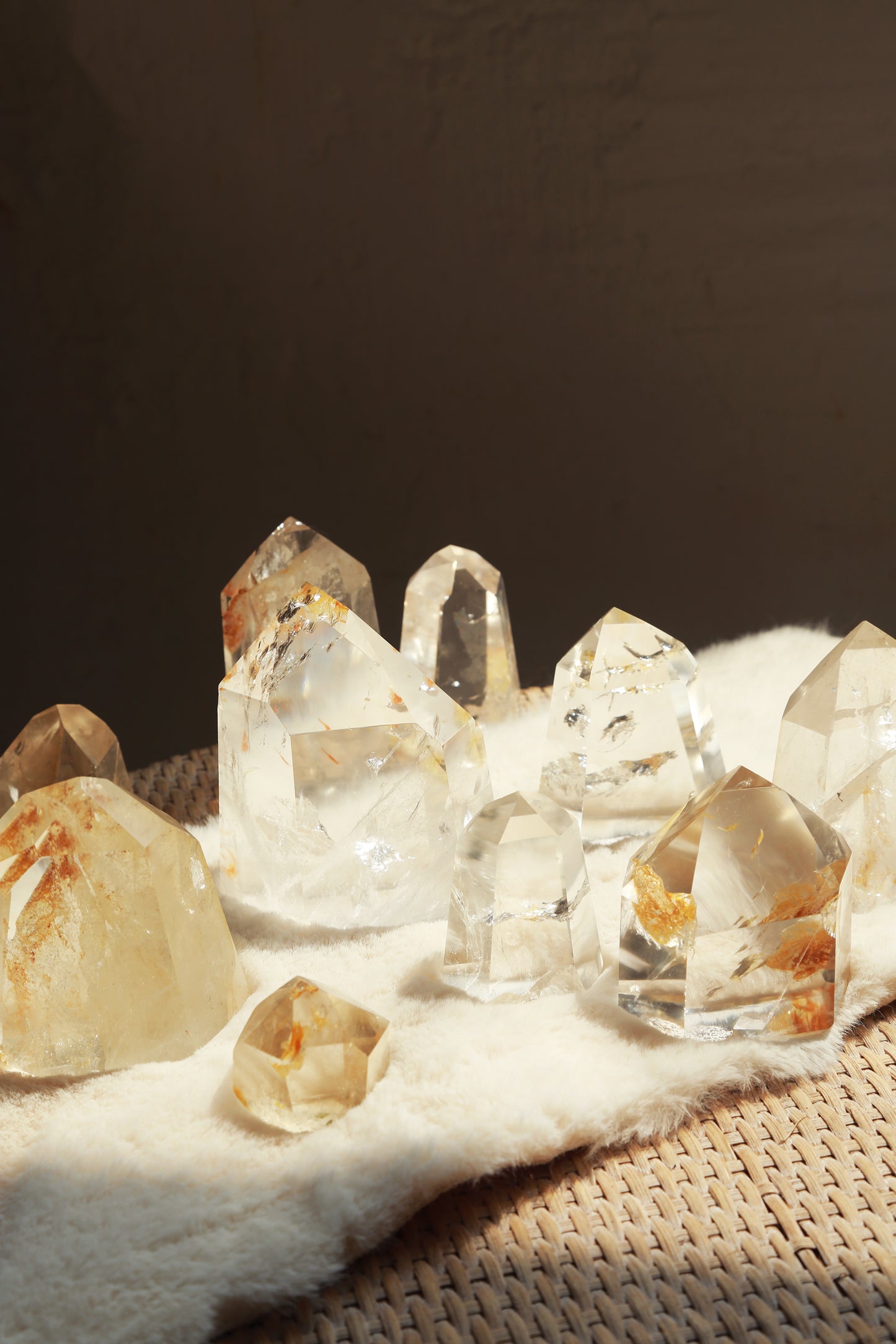 Extra Clear Golden Healer Leaf in Clear Quartz Tower
