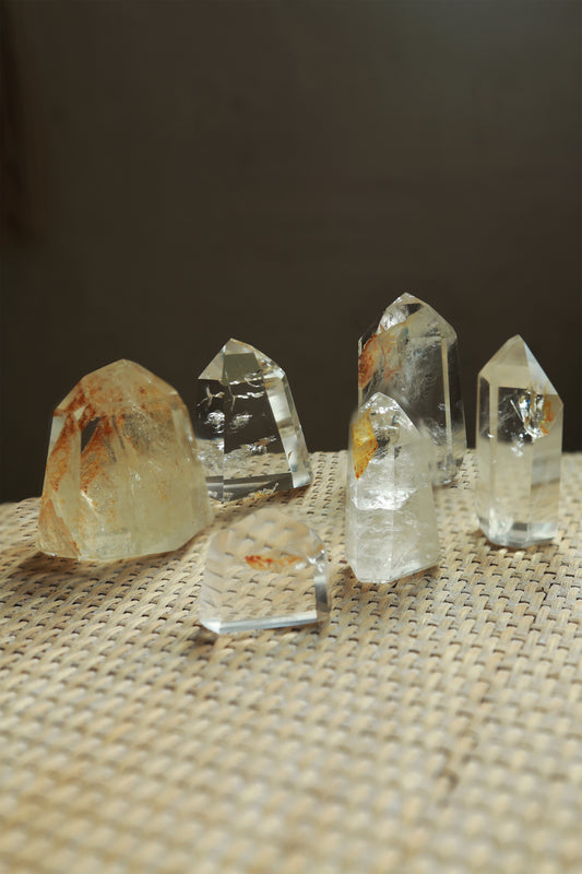 Extra Clear Golden Healer Leaf in Clear Quartz Tower