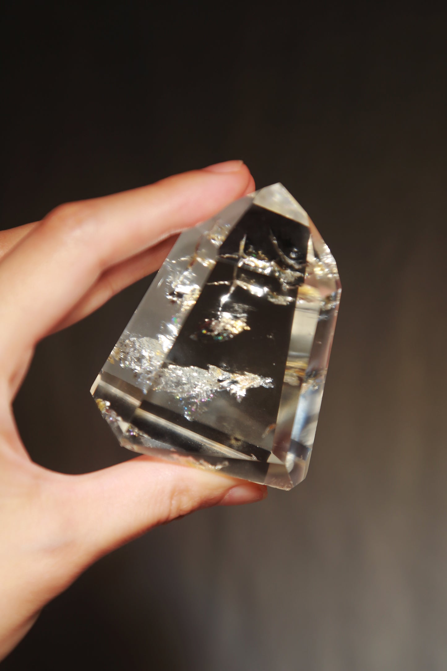 Extra Clear Golden Healer Leaf in Clear Quartz Tower