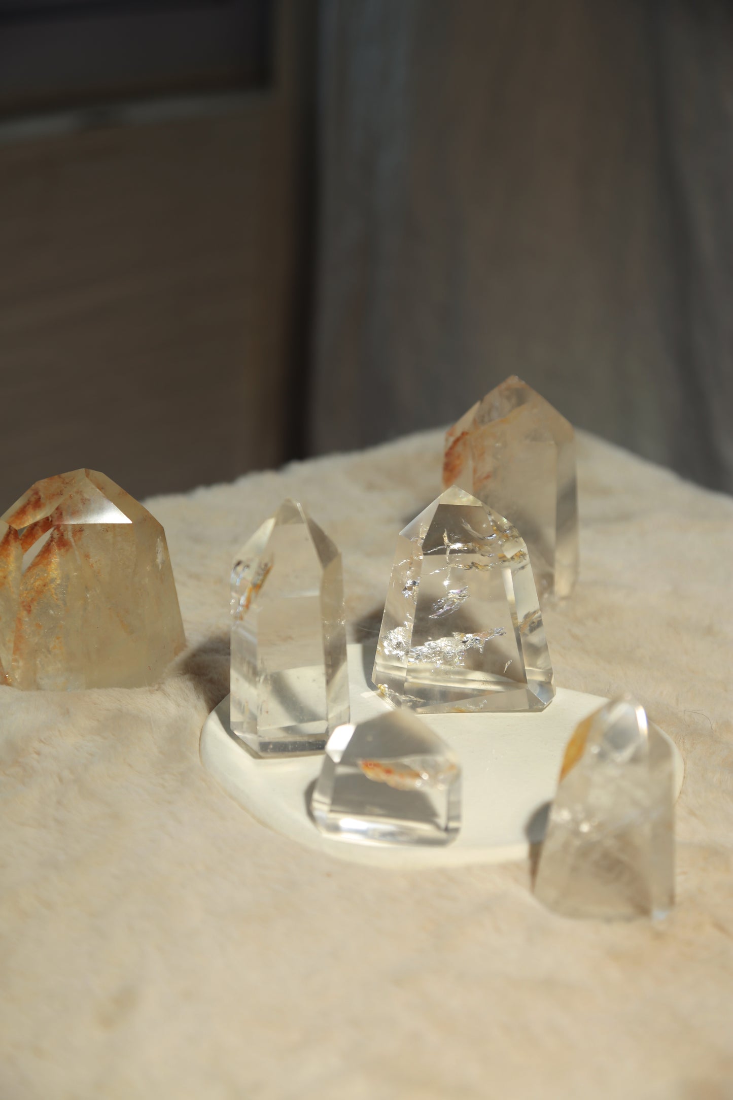 Extra Clear Golden Healer Leaf in Clear Quartz Tower