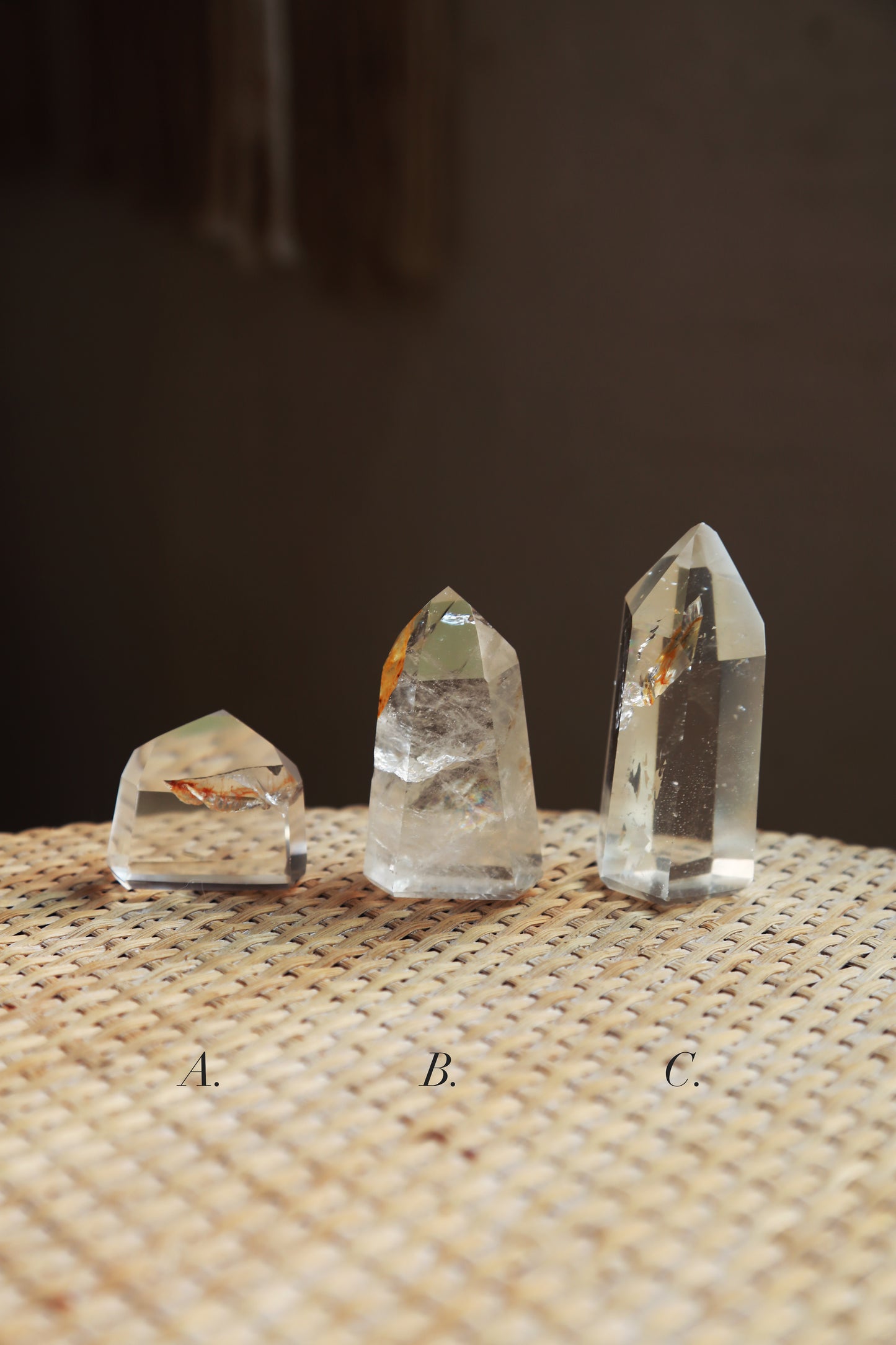 Extra Clear Golden Healer Leaf in Clear Quartz Tower