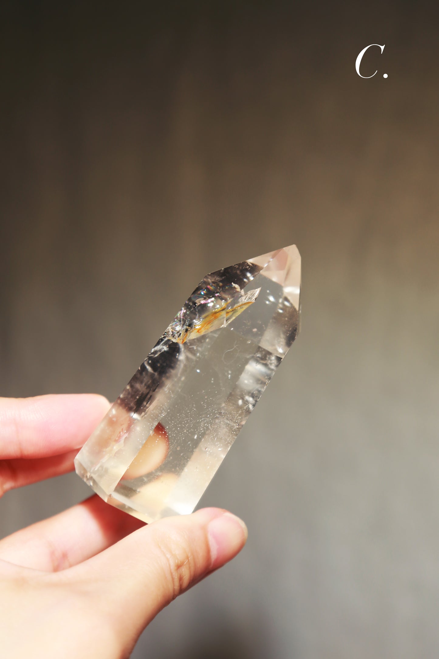 Extra Clear Golden Healer Leaf in Clear Quartz Tower