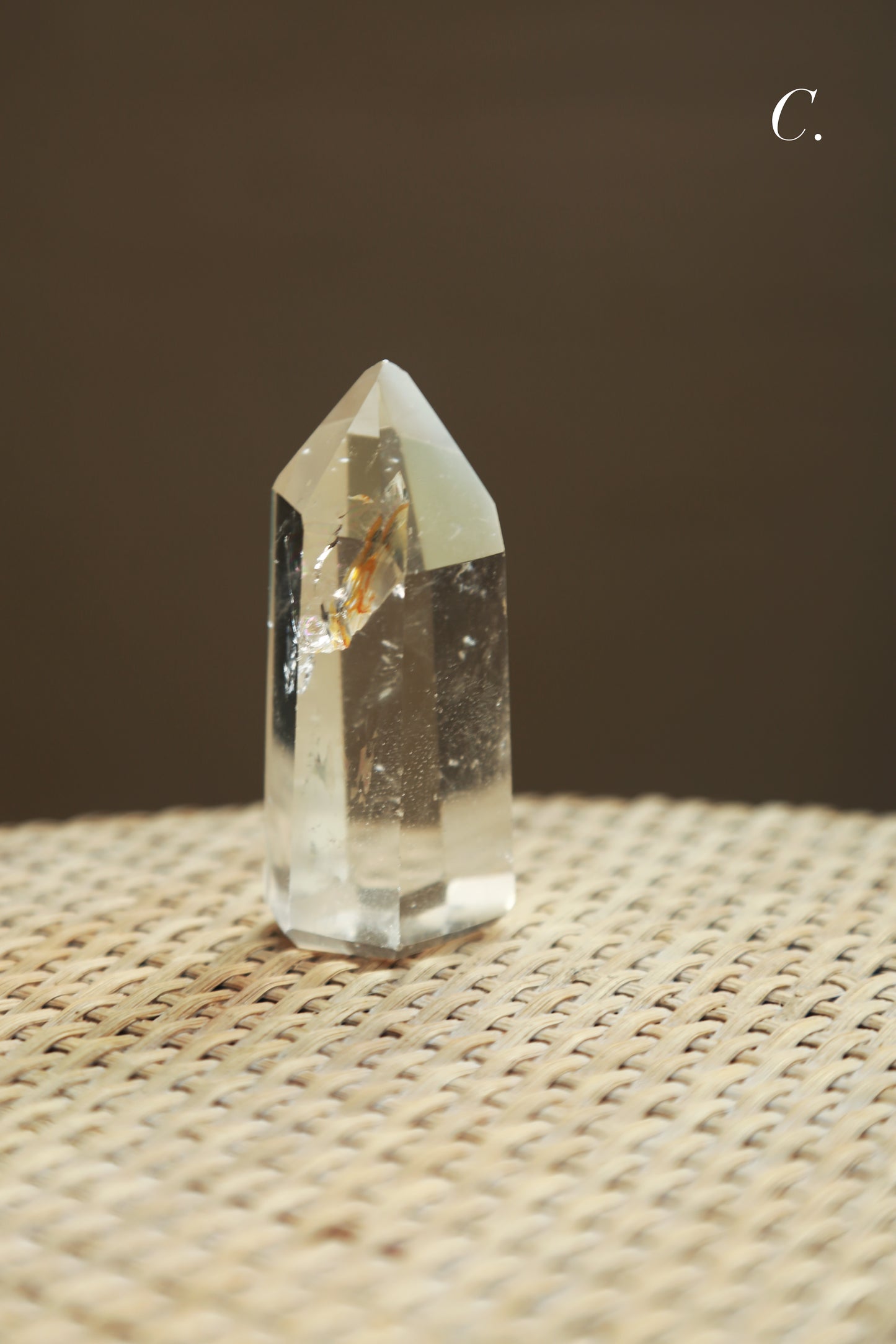 Extra Clear Golden Healer Leaf in Clear Quartz Tower
