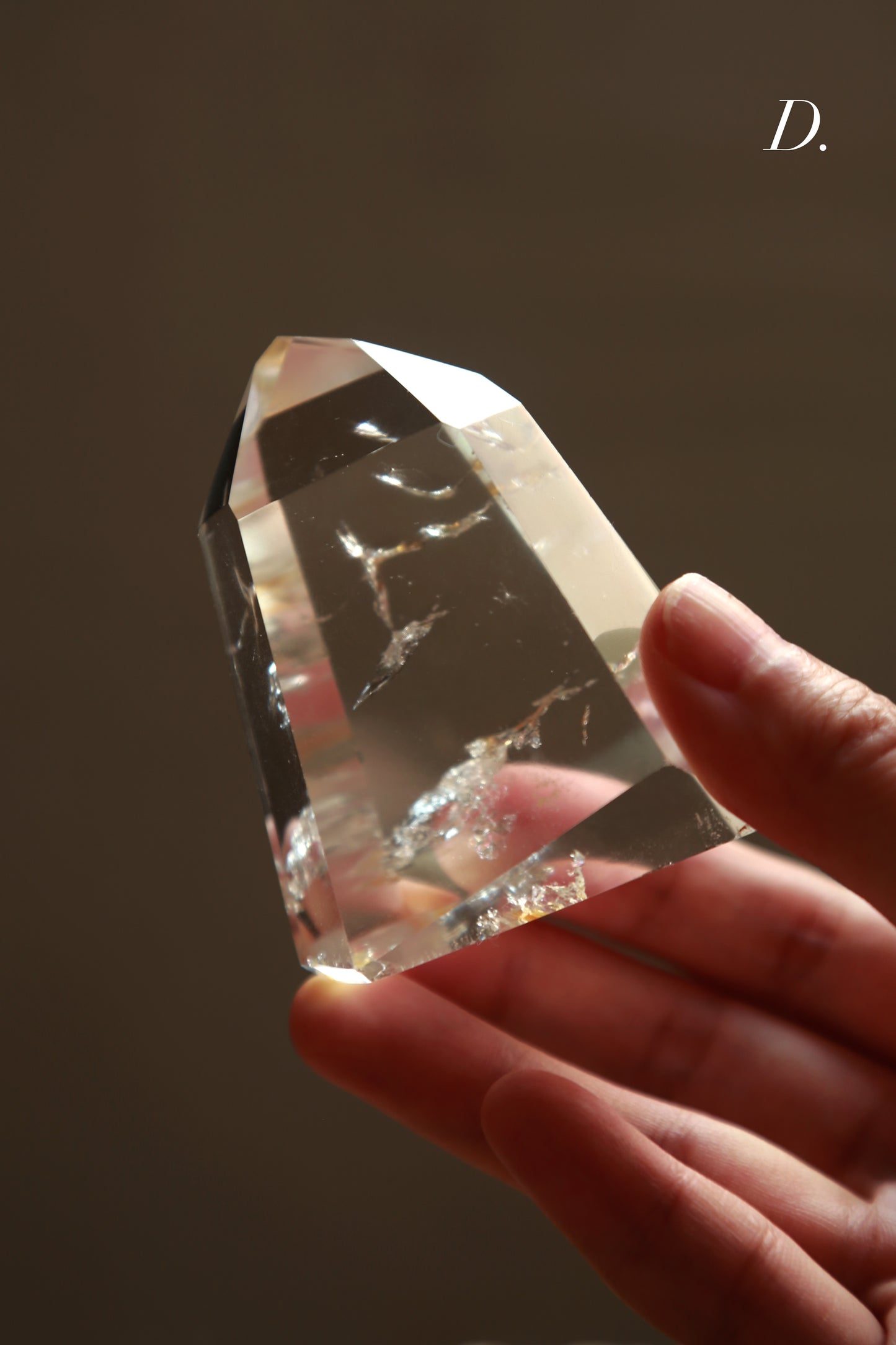 Extra Clear Golden Healer Leaf in Clear Quartz Tower