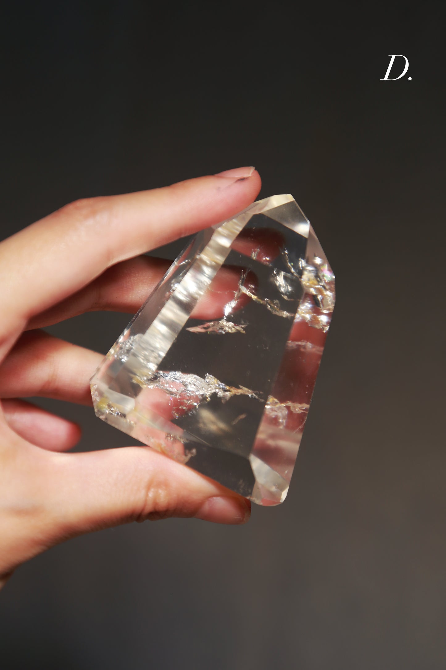 Extra Clear Golden Healer Leaf in Clear Quartz Tower
