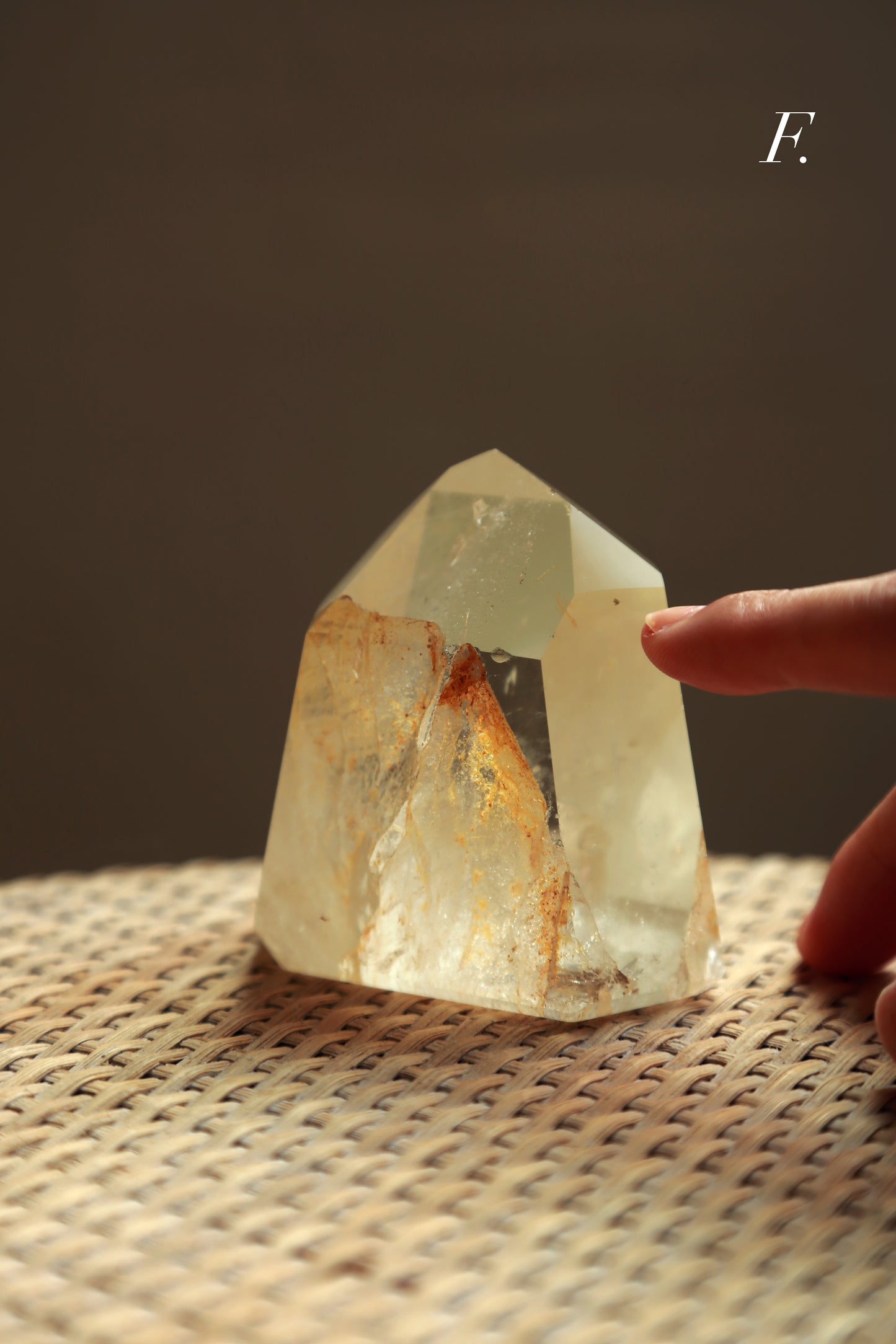 Extra Clear Golden Healer Leaf in Clear Quartz Tower