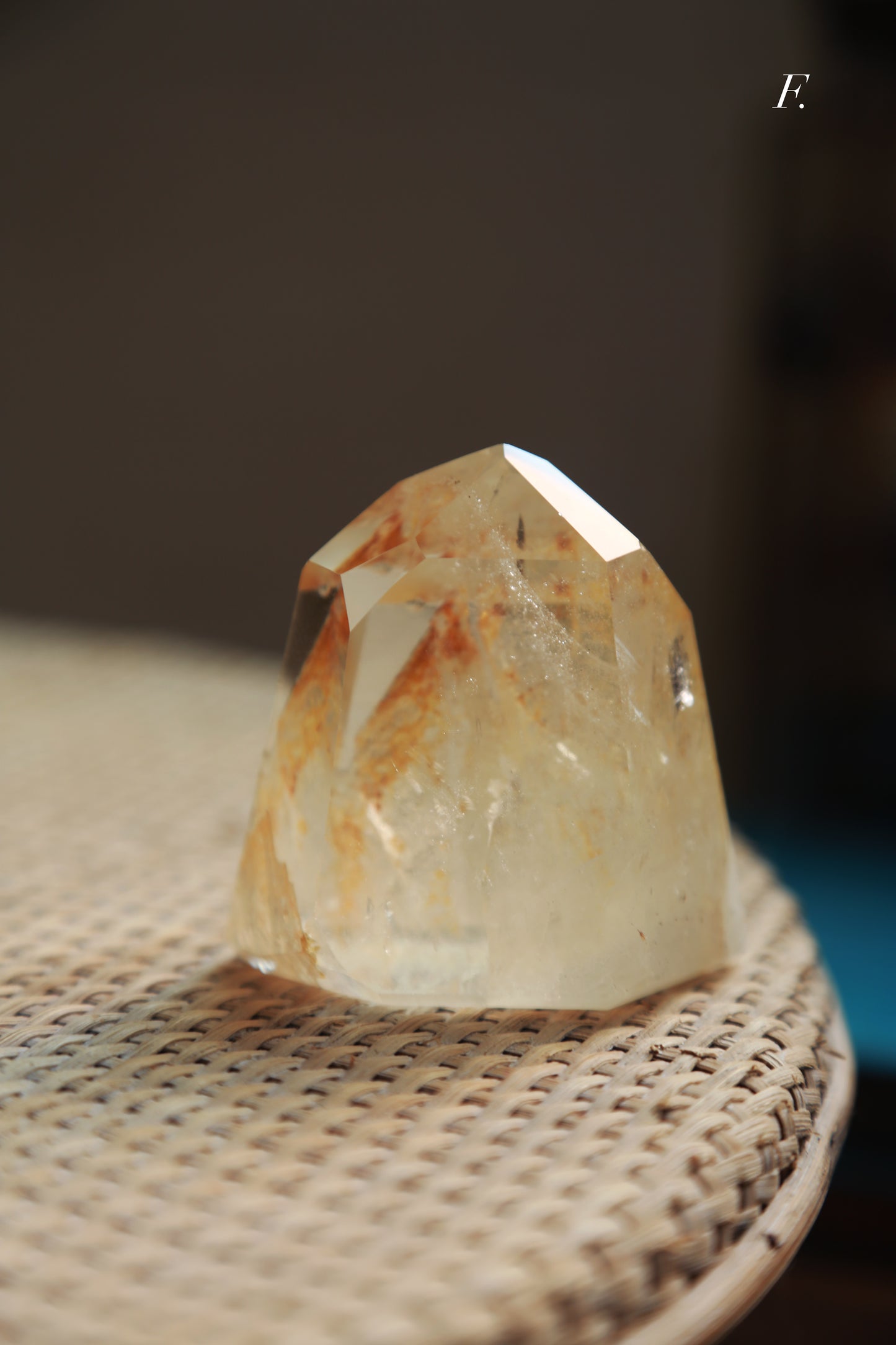 Extra Clear Golden Healer Leaf in Clear Quartz Tower