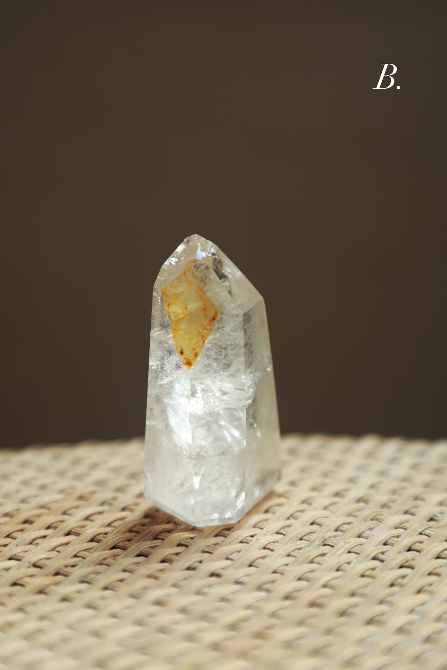 Extra Clear Golden Healer Leaf in Clear Quartz Tower