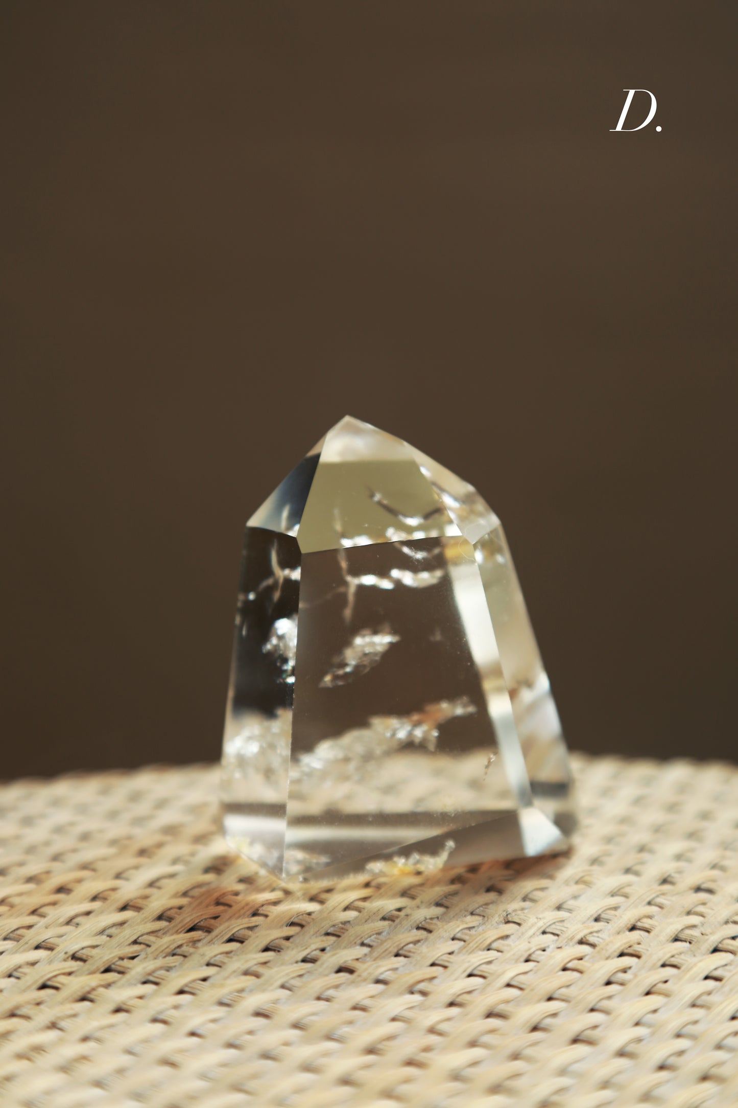 Extra Clear Golden Healer Leaf in Clear Quartz Tower