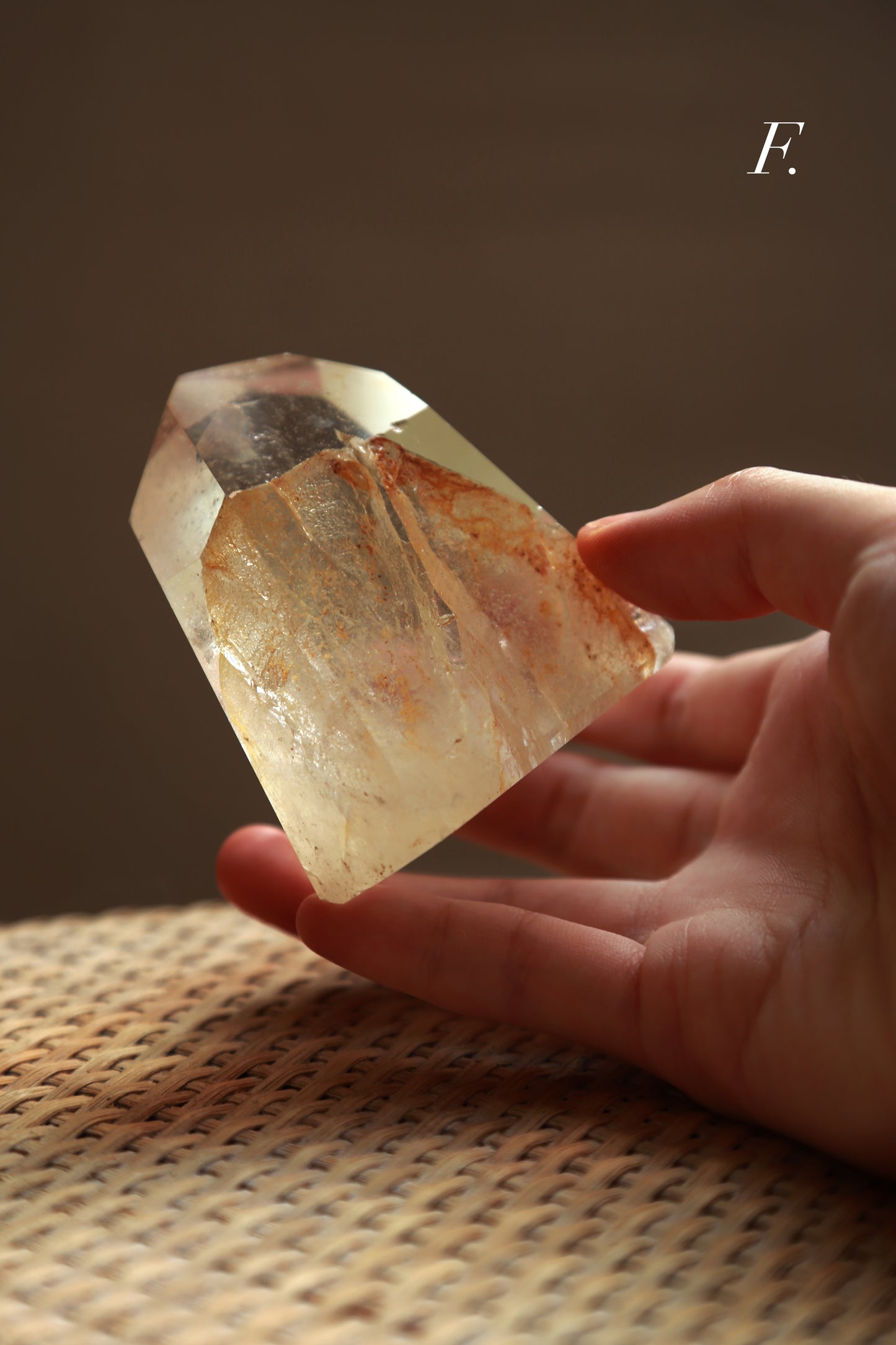 Extra Clear Golden Healer Leaf in Clear Quartz Tower