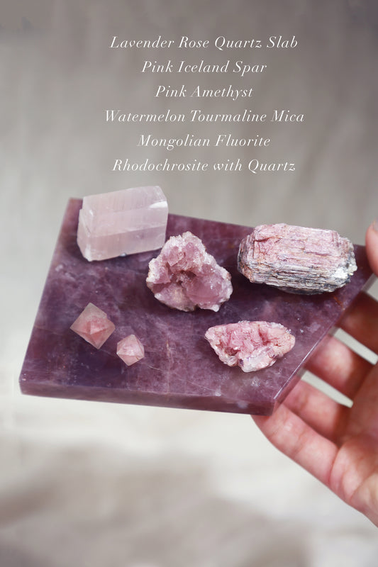MINI TREASURES 5 pink raws on Lavender Rose Quartz Slab