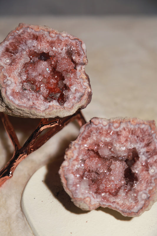 A Pair of 2 Large Pink Amethyst Geode Halves