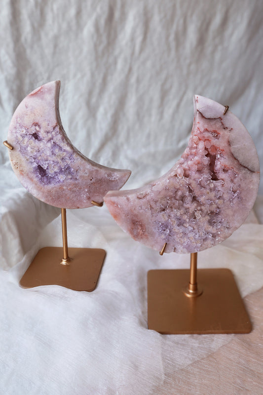 Purple Druzy Pink Amethyst Moon on stand