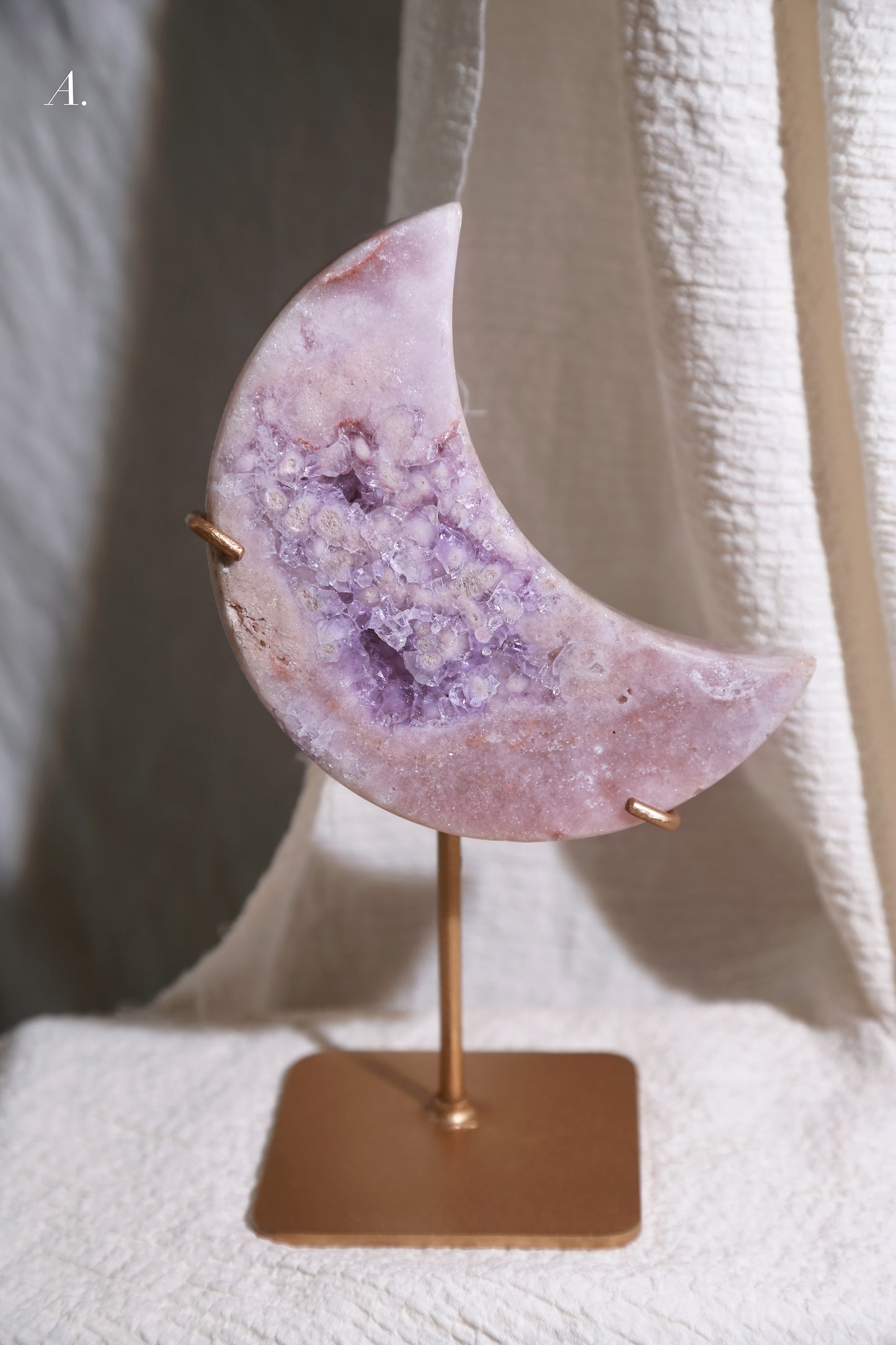 Purple Druzy Pink Amethyst Moon on stand