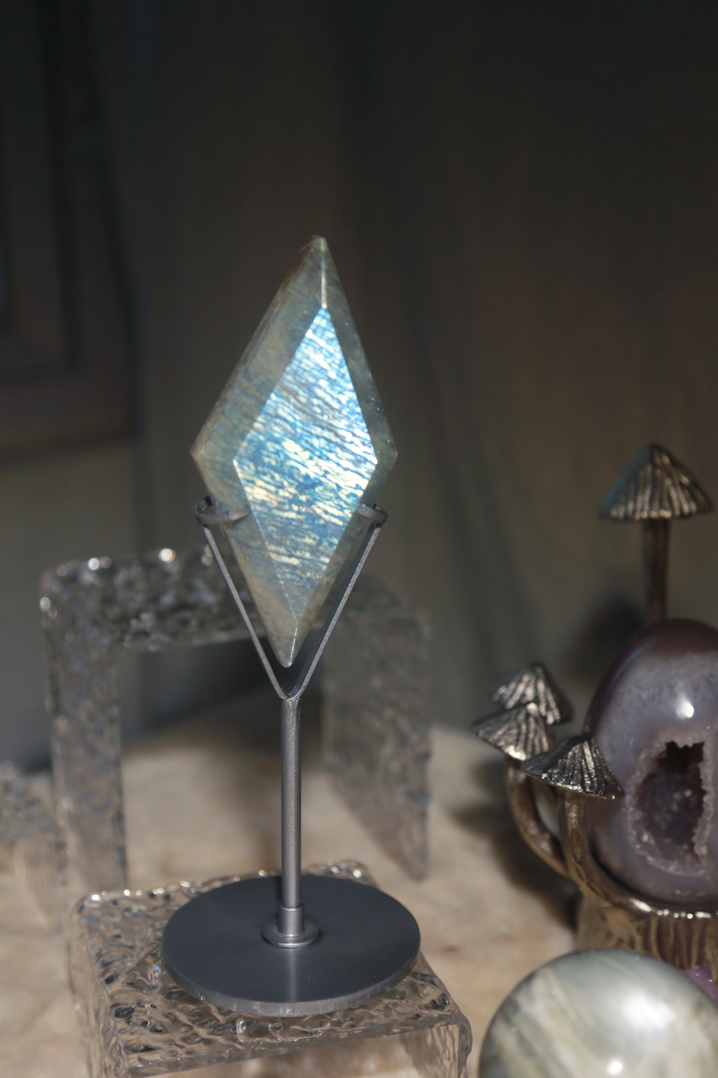Sage Blue Green Moonstone Sunstone Diamond with Stand