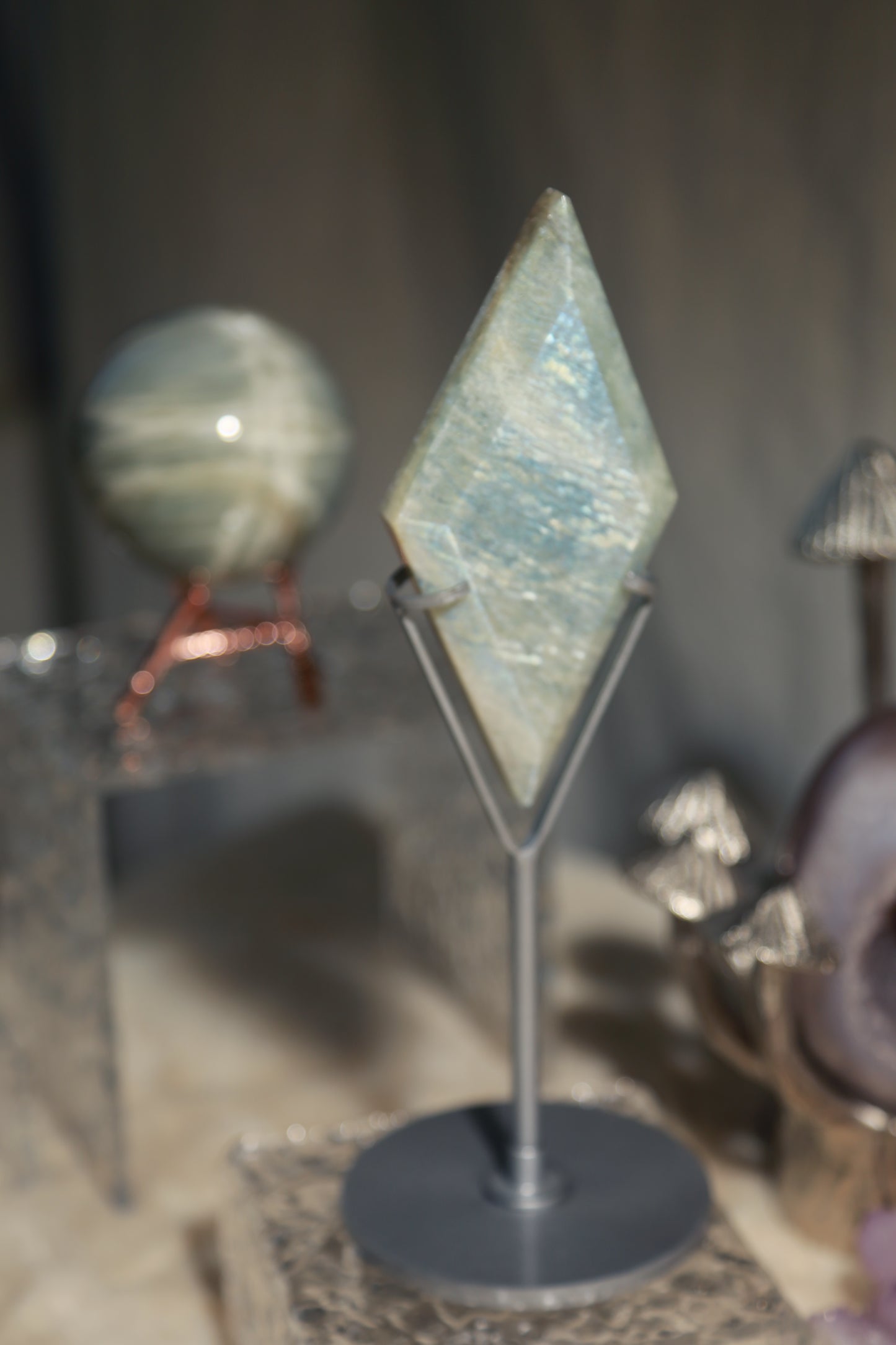 Sage Blue Green Moonstone Sunstone Diamond with Stand