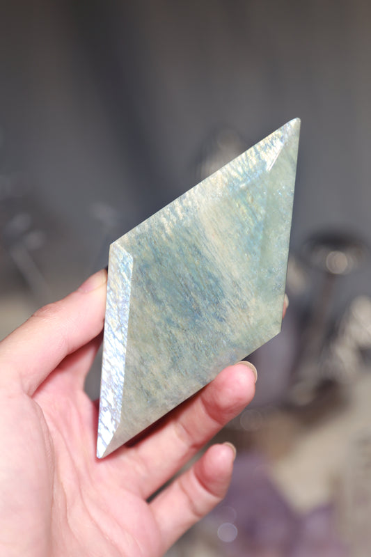 Sage Blue Green Moonstone Sunstone Diamond with Stand