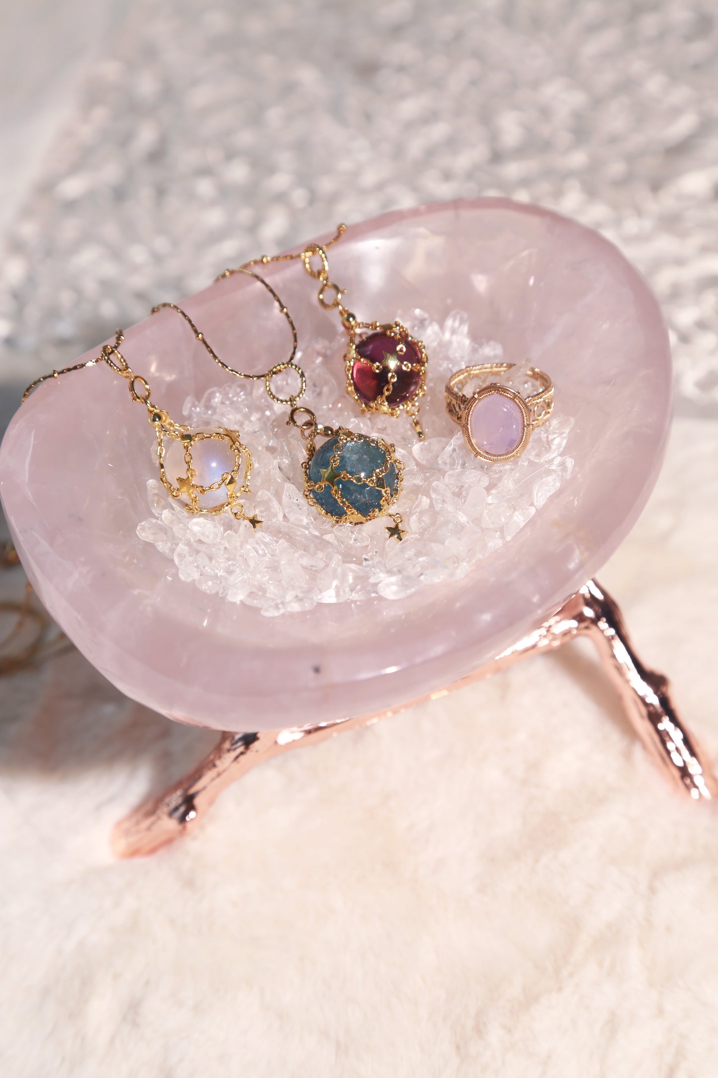 Gemstone Sphere in Star Catcher Mesh Necklace