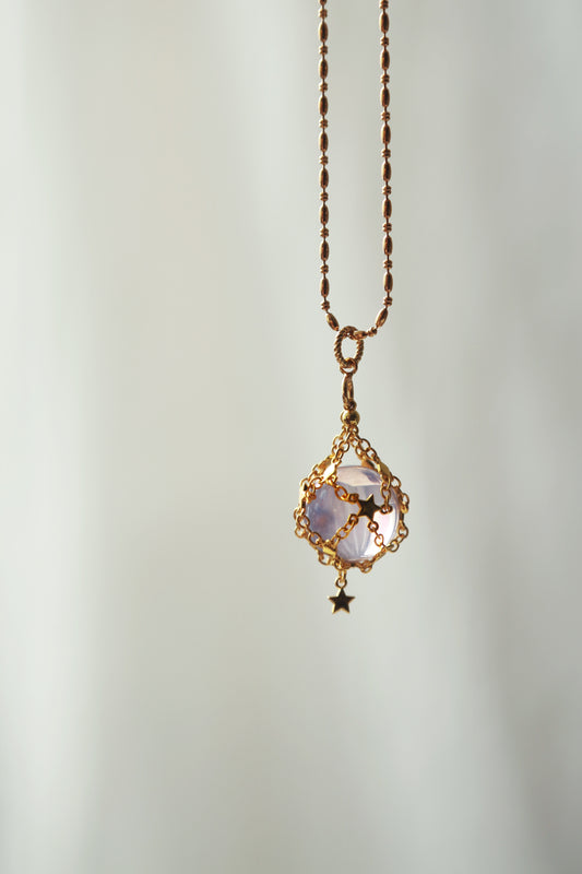Lavender Moon Quartz Sphere in Star Catcher Mesh Necklace