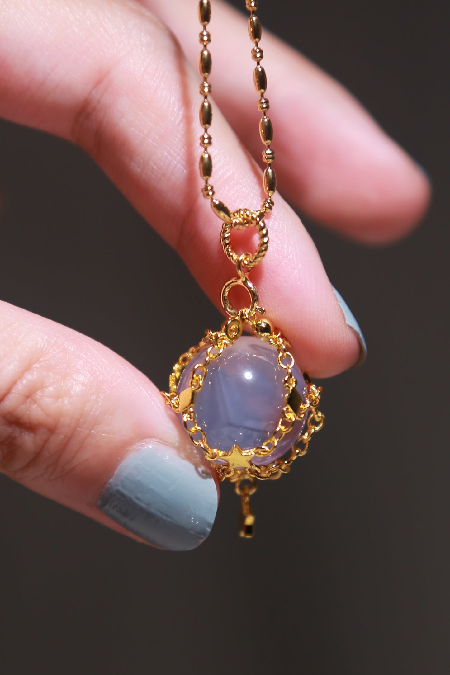 Lavender Moon Quartz Sphere in Star Catcher Mesh Necklace