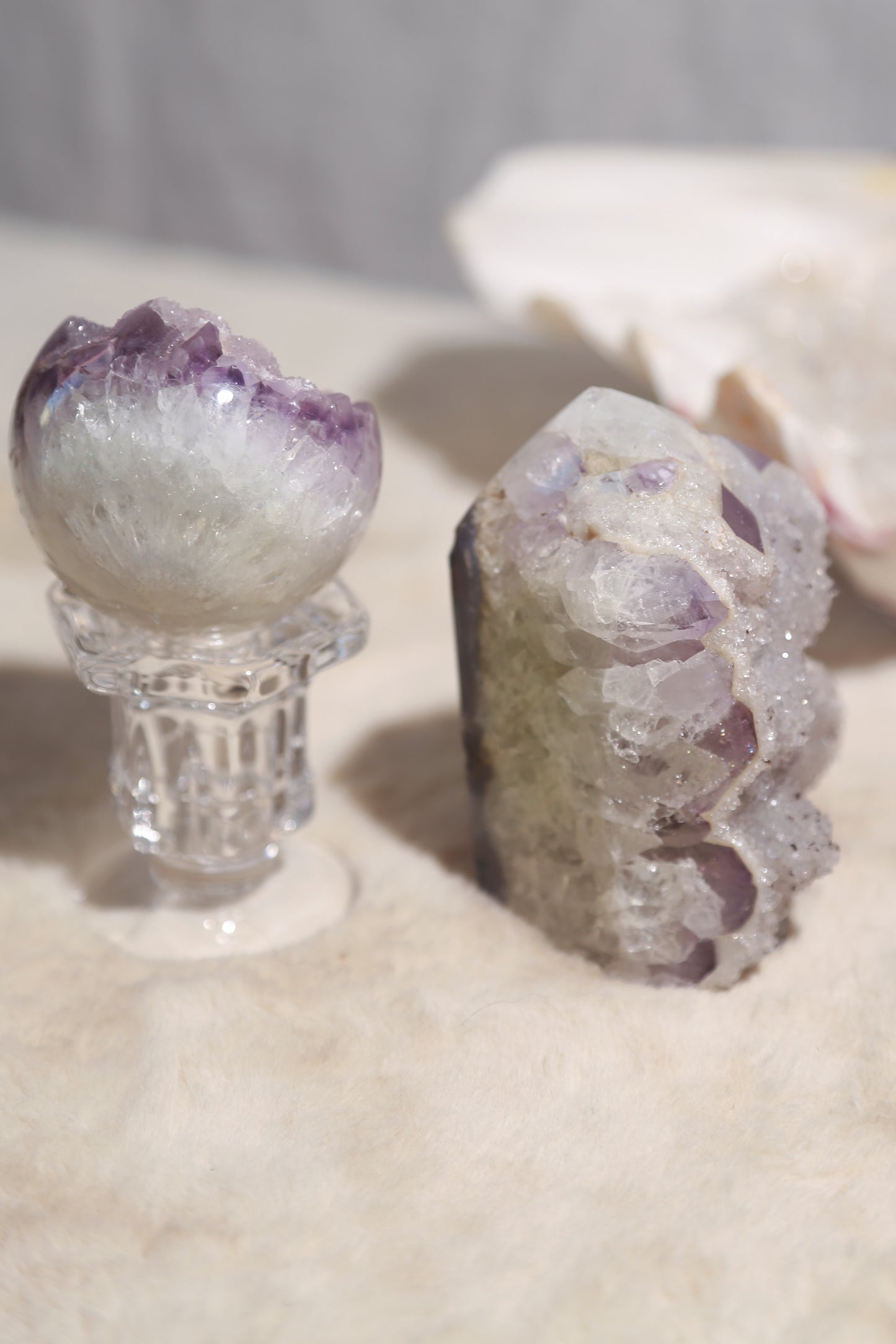 Sugar Druzy Green Amethyst with Purple Druzy Tower and Sphere