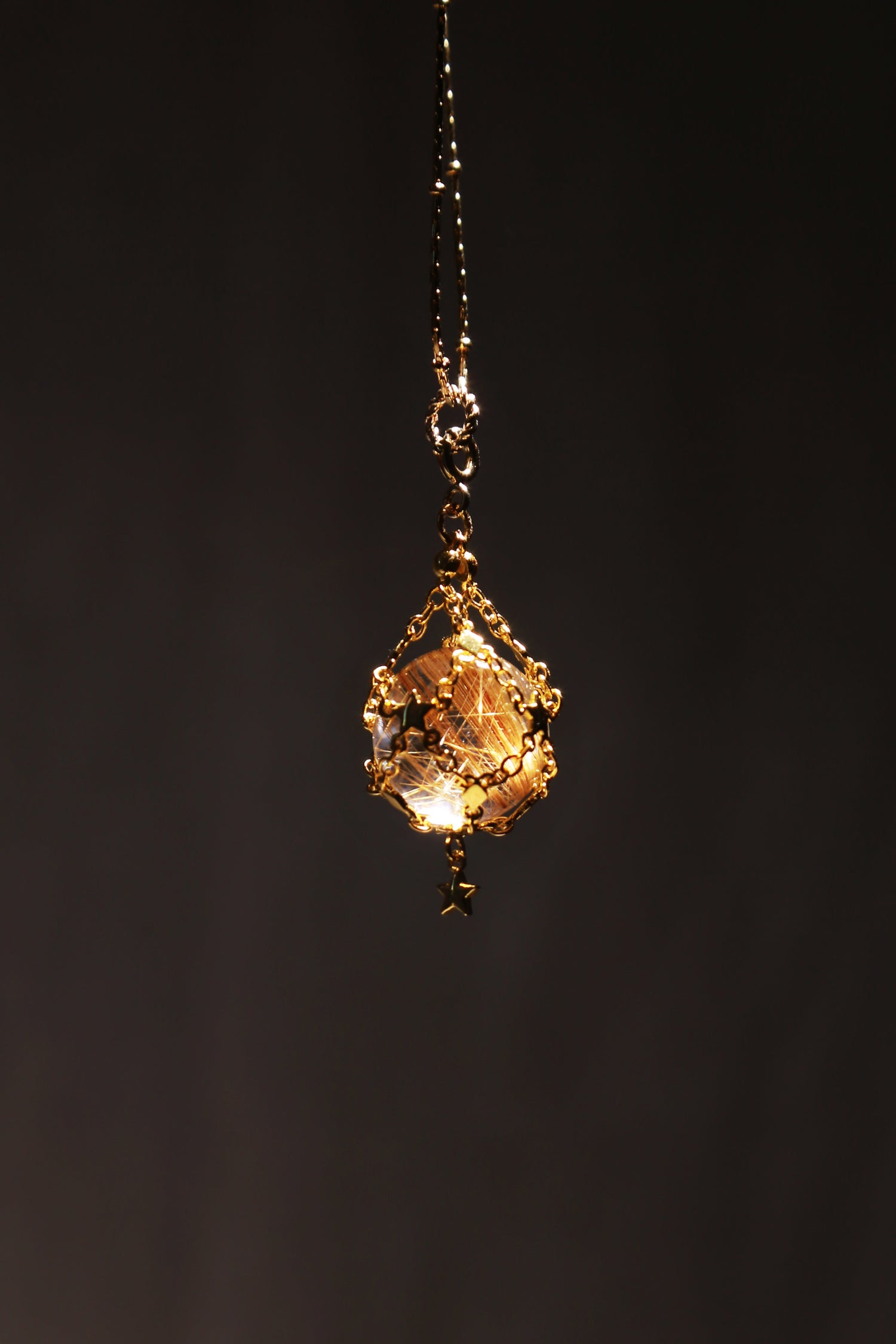 Gold Rutile Quartz sphere mesh pendant necklace