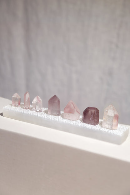 Pink Lithium Quartz Points Set of 7 w/ Selenite Plate