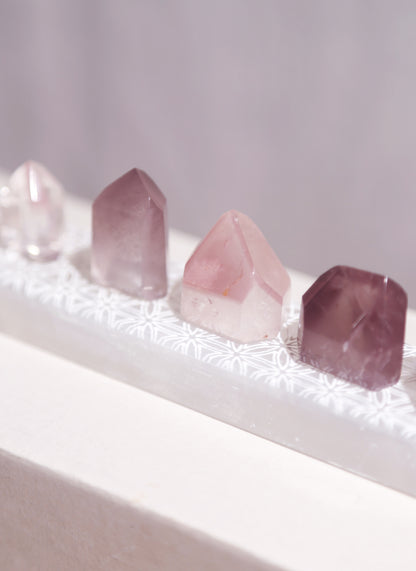 Pink Lithium Quartz Points Set of 7 w/ Selenite Plate