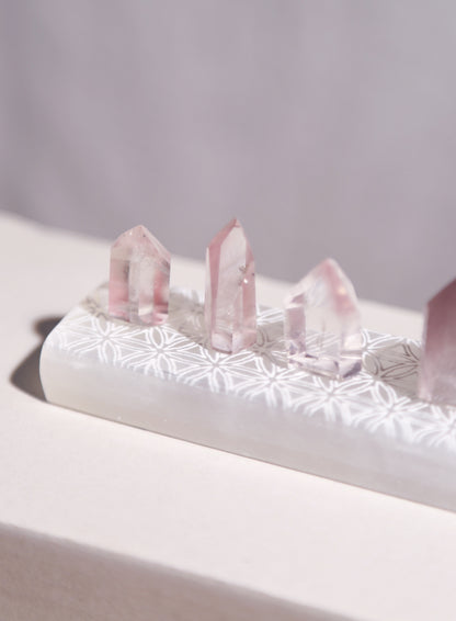 Pink Lithium Quartz Points Set of 7 w/ Selenite Plate