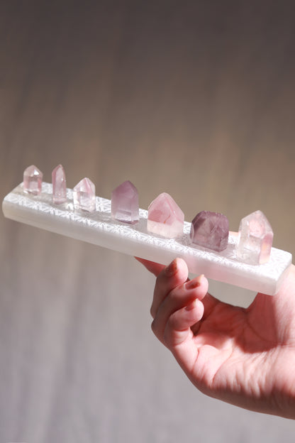 Pink Lithium Quartz Points Set of 7 w/ Selenite Plate