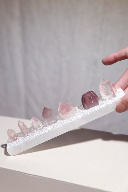 Pink Lithium Quartz Points Set of 7 w/ Selenite Plate