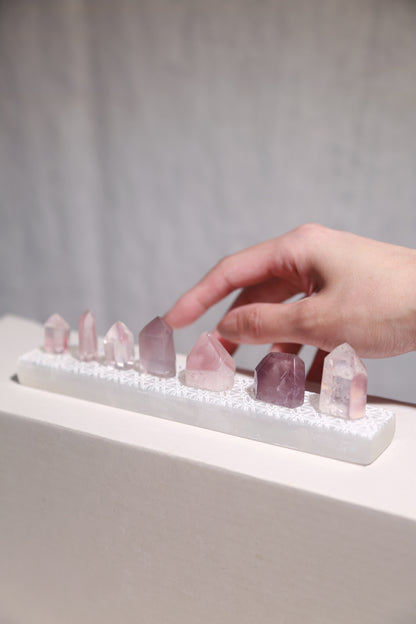 Pink Lithium Quartz Points Set of 7 w/ Selenite Plate