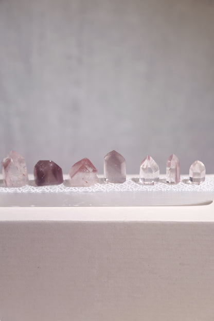 Pink Lithium Quartz Points Set of 7 w/ Selenite Plate