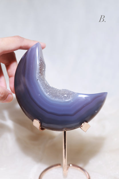 Sugar Druzy Blue Agate Moon on stand