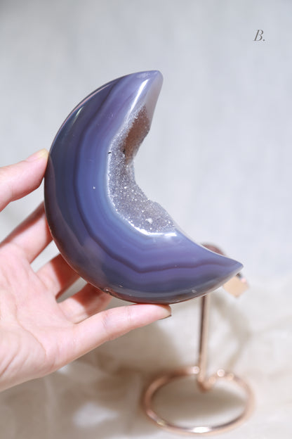 Sugar Druzy Blue Agate Moon on stand