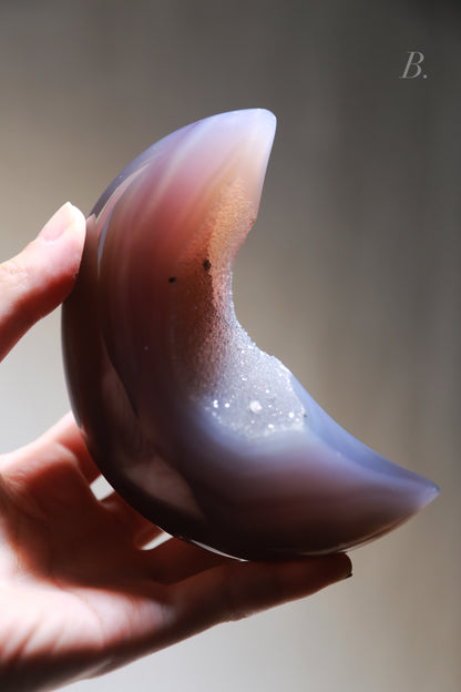 Sugar Druzy Blue Agate Moon on stand