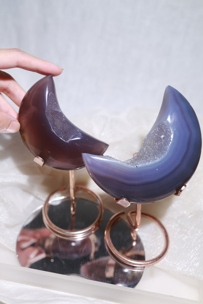 Sugar Druzy Blue Agate Moon on stand