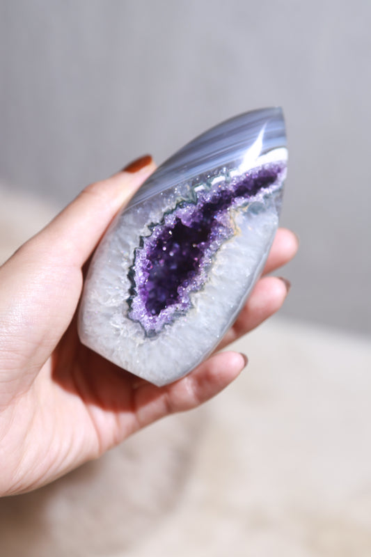 Druzy Amethyst in Blue Banded Agate Flame Freeform
