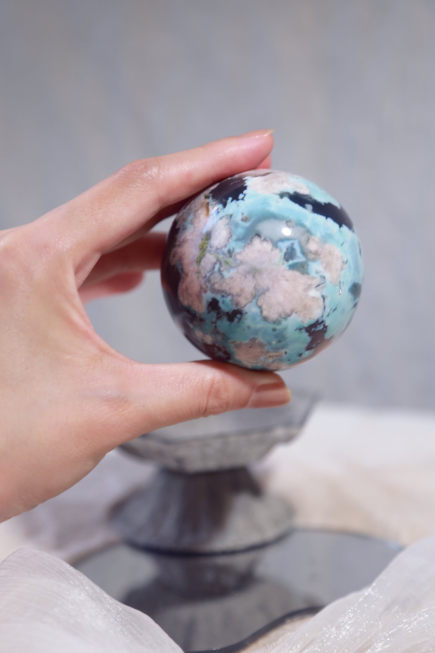 RARE Blue Flower Agate in Navy Blue Chalcedony Sphere