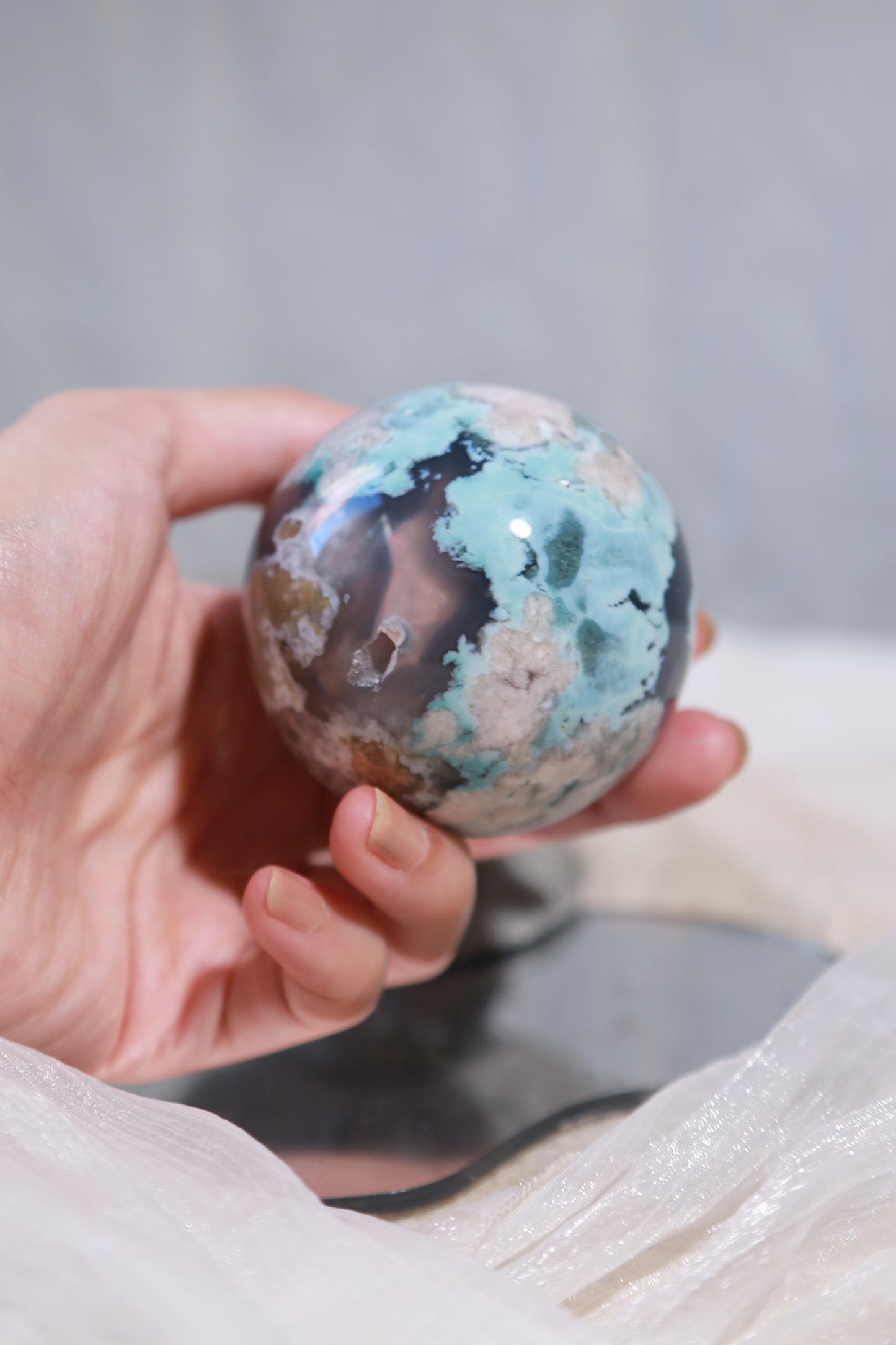 RARE Blue Flower Agate in Navy Blue Chalcedony Sphere