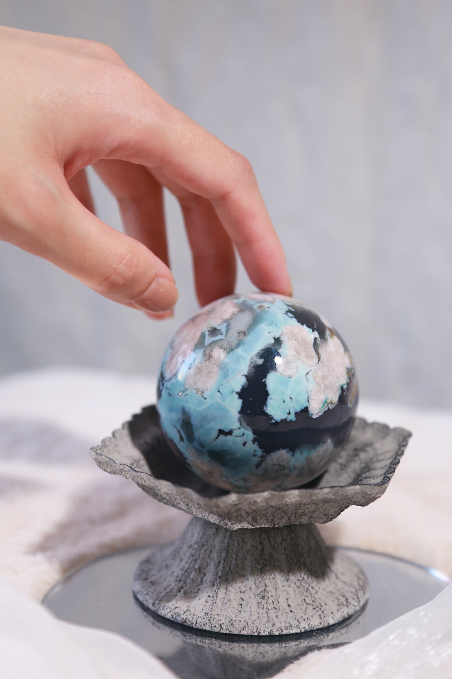 RARE Blue Flower Agate in Navy Blue Chalcedony Sphere