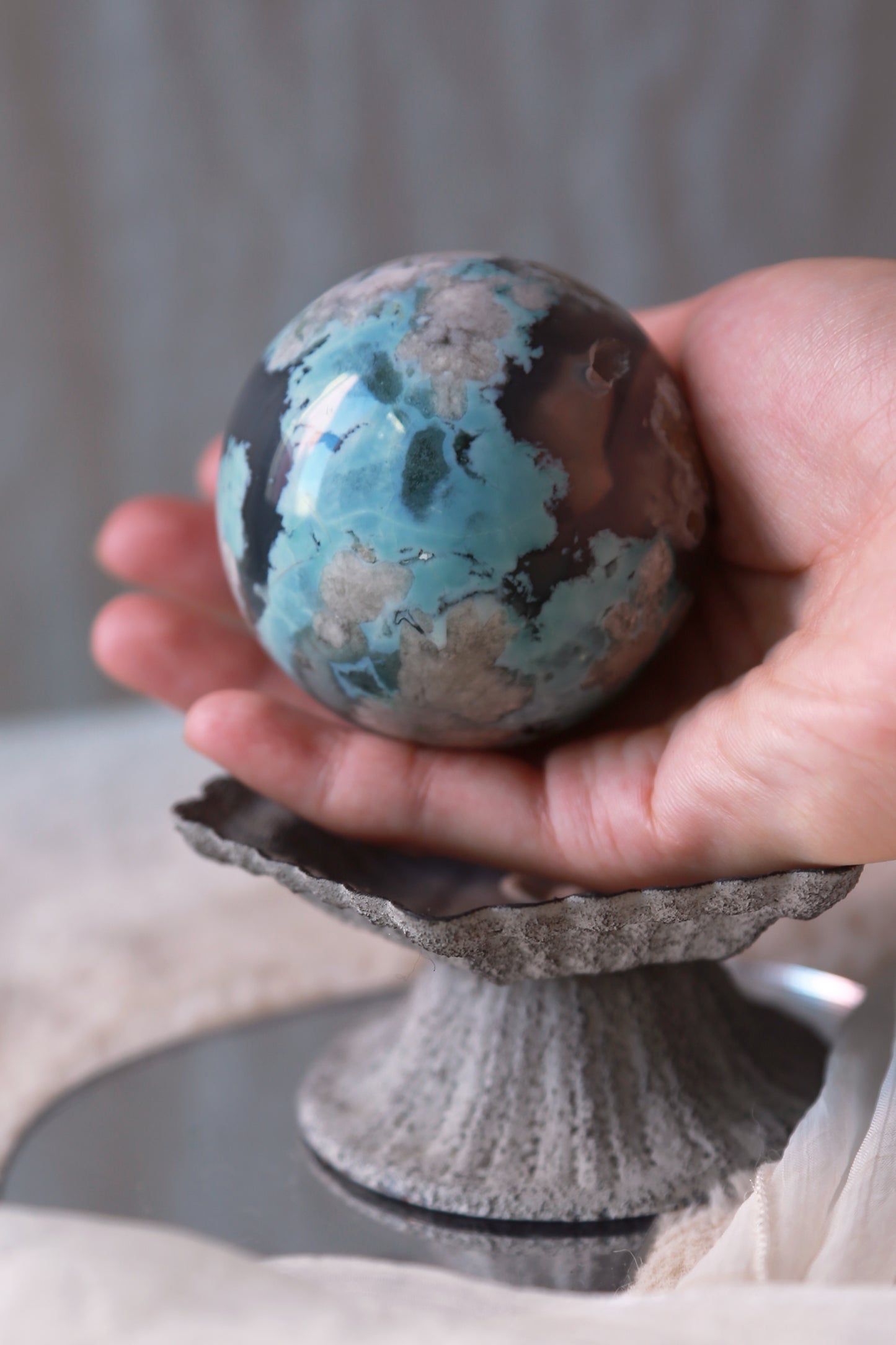 RARE Blue Flower Agate in Navy Blue Chalcedony Sphere