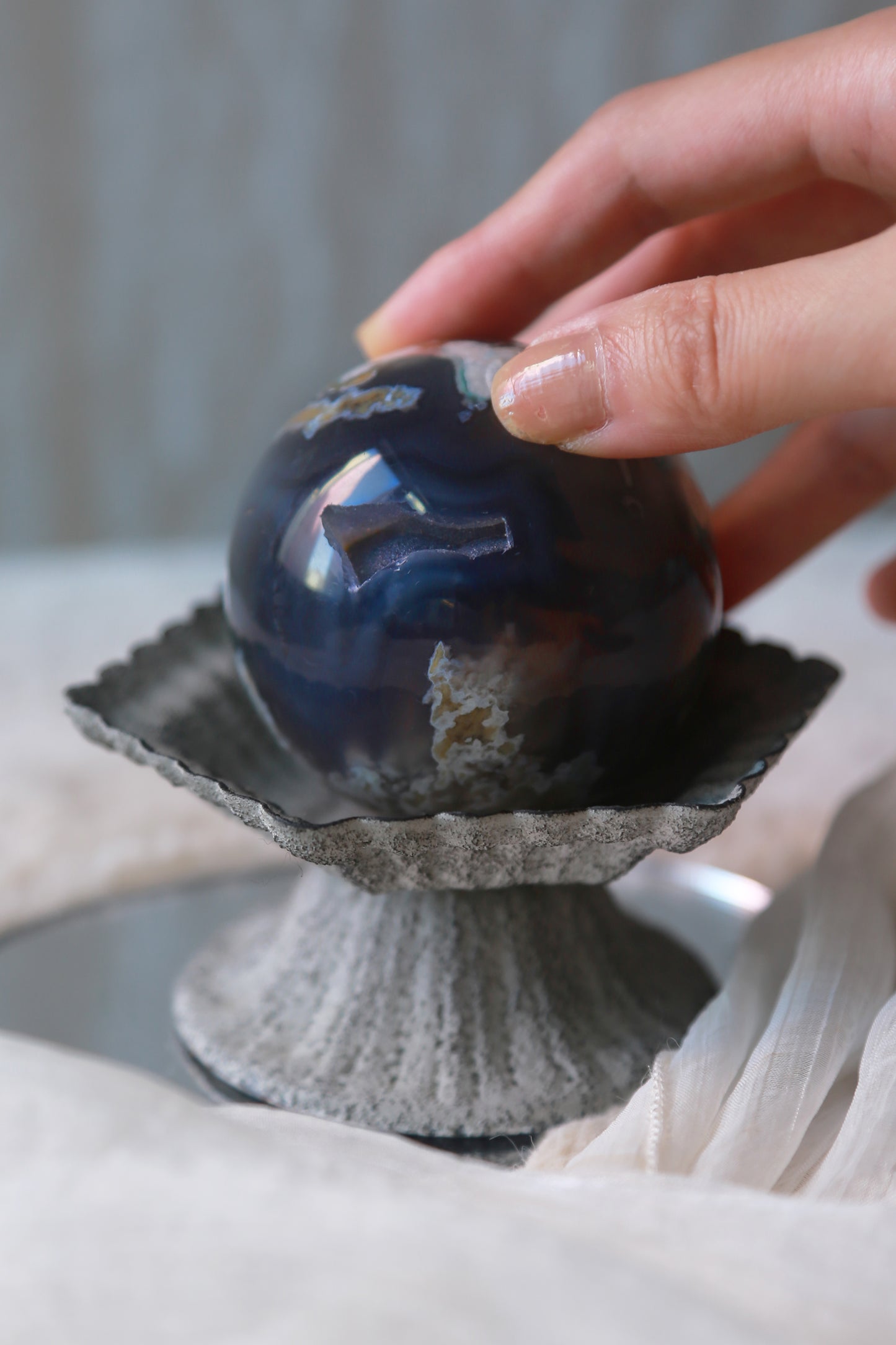 RARE Blue Flower Agate in Navy Blue Chalcedony Sphere