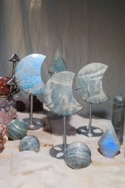 Sage Blue Green Moonstone Sunstone Moon with Stand