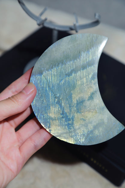 Sage Blue Green Moonstone Sunstone Moon with Stand