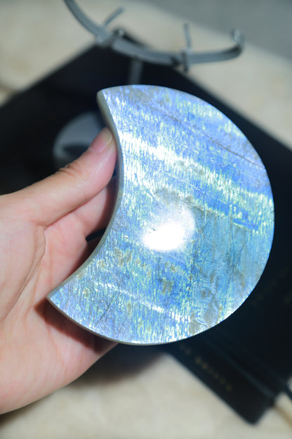 Sage Blue Green Moonstone Sunstone Moon with Stand