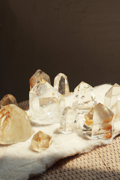 Extra Clear Golden Healer Leaf in Clear Quartz Tower